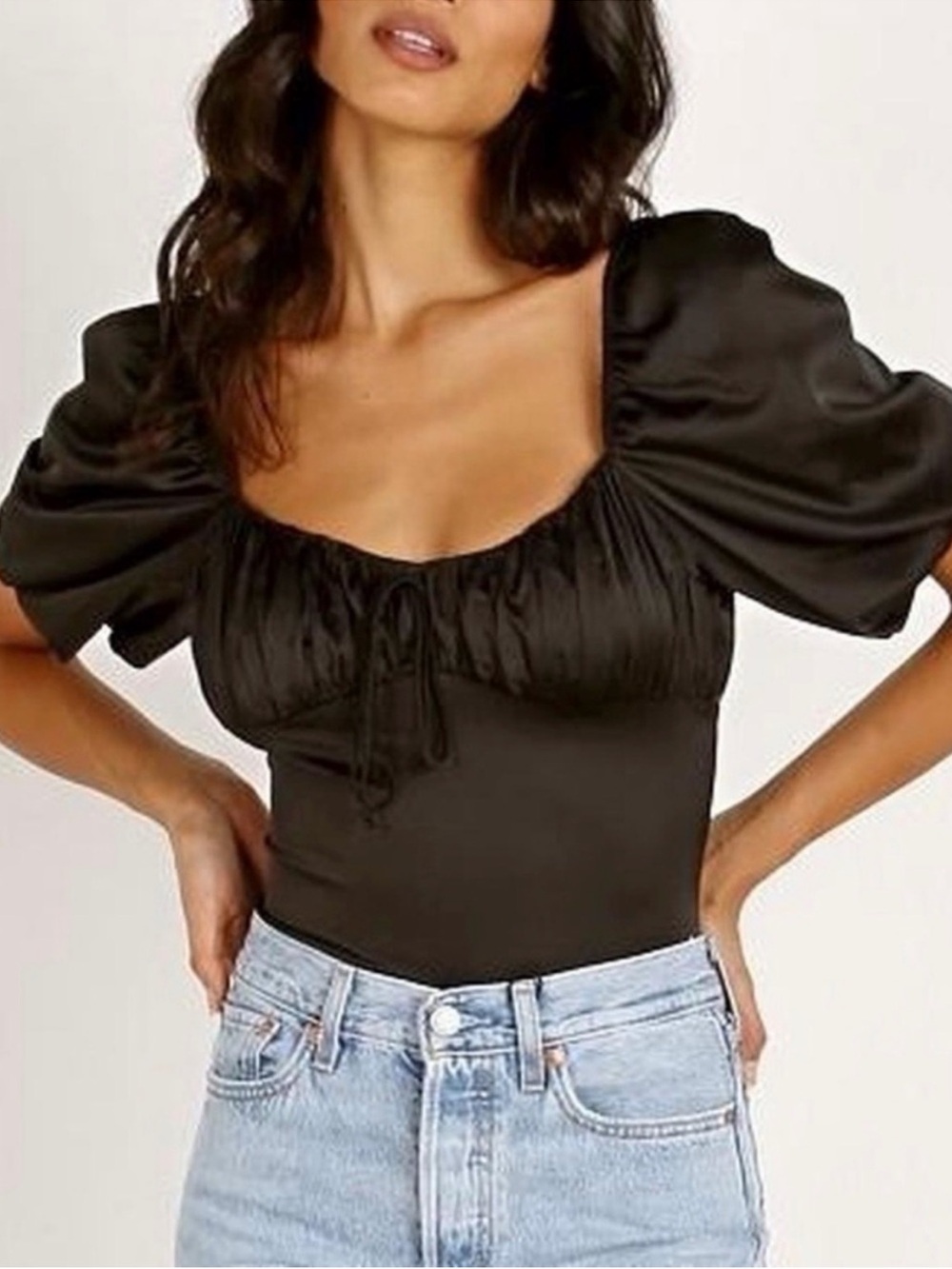 For Love & Lemons Black Puff Sleeve Square-Neck Bodysuit